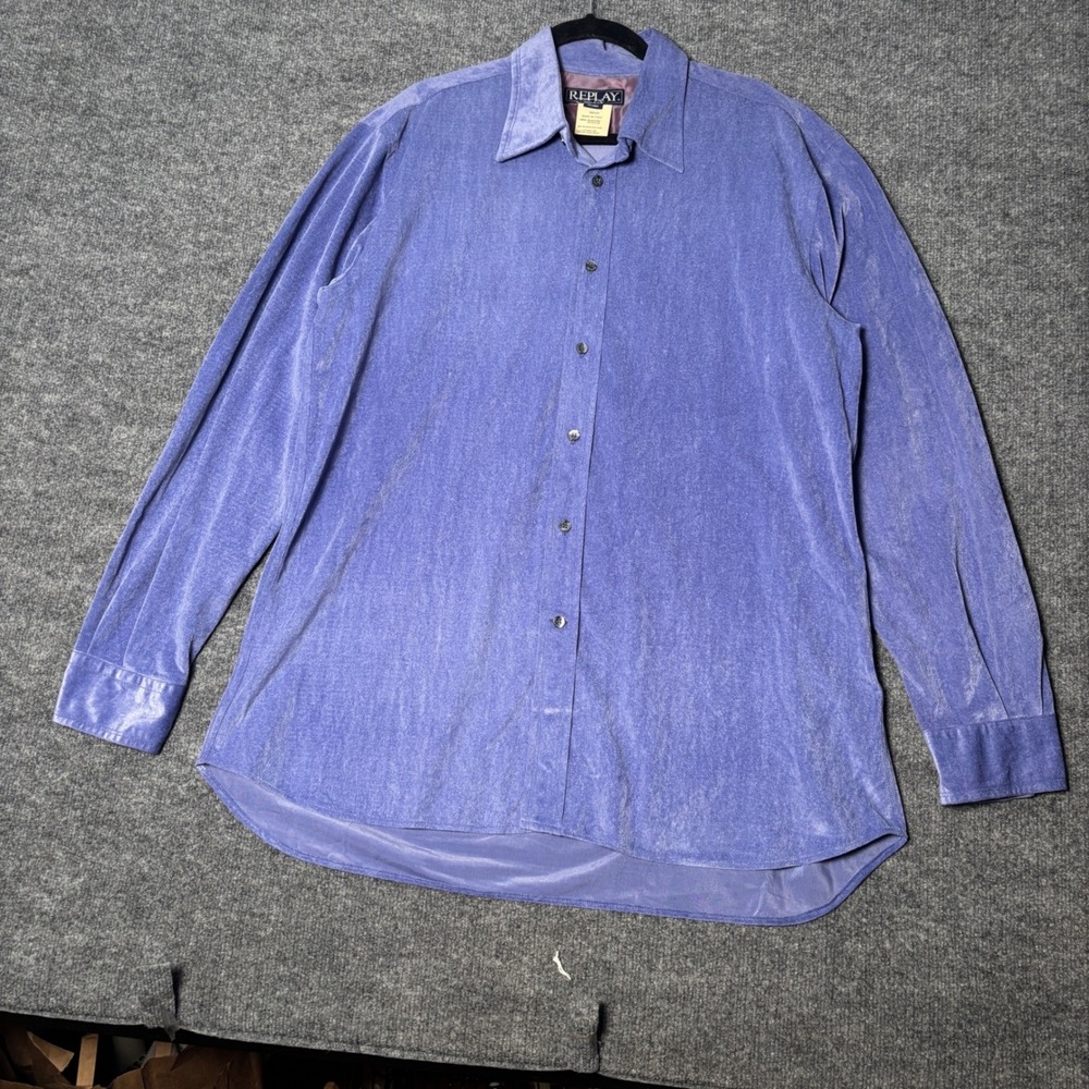 Vintage Replay Mens XXL Blue Velvet Velour button  Down Shirt Made in Italy
